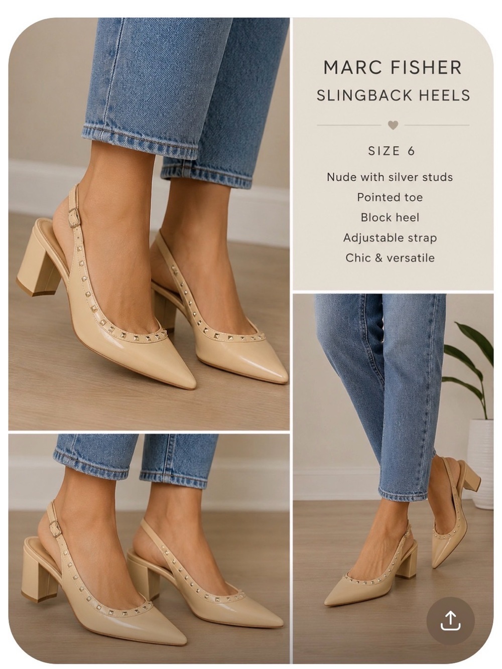 Marc Fisher Nude Patent Slingback Block Heels with Stud Detail- size 6